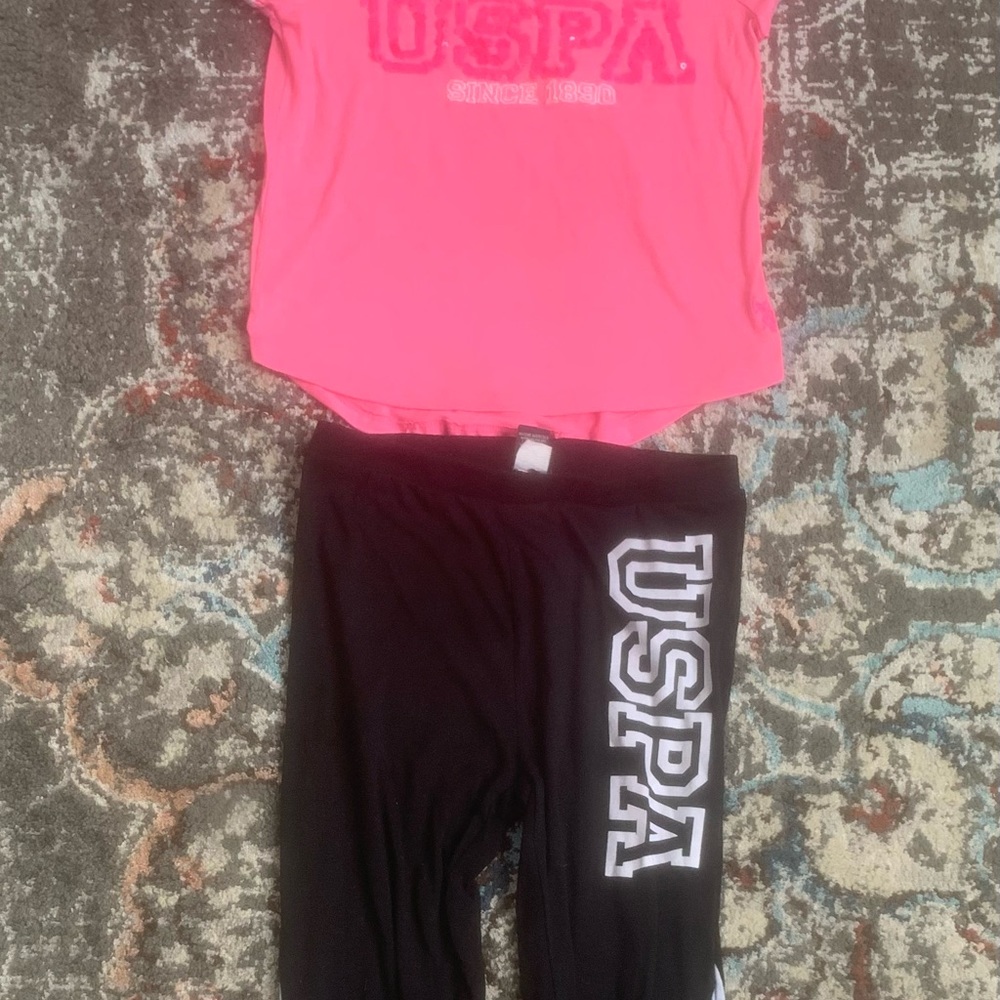 USPA U.S POLO ASSEN pink and white shirt and black and white pants!!!!!